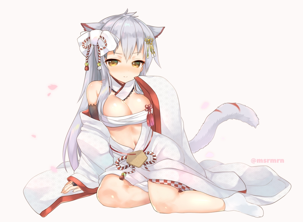 1girl animal_ears azur_lane bangs bare_shoulders beige_background blush bow breasts bridal_gauntlets brown_eyes budget_sarashi cleavage closed_mouth commentary_request eyebrows_visible_through_hair full_body hair_between_eyes hair_bow hair_ornament hyuuga_(azur_lane) long_sleeves looking_at_viewer marshmallow_mille medium_breasts nose_blush off_shoulder petals sarashi silver_hair sitting sleeveless sleeveless_turtleneck sleeves_past_wrists smile solo tail turtleneck twitter_username white_bow wide_sleeves yokozuwari