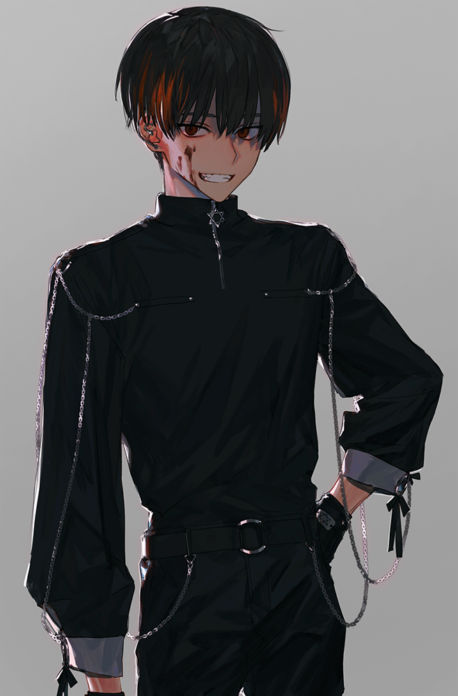 1boy bangs_pinned_back belt black_gloves black_pants black_shirt blood blood_on_face brown_hair chains cowboy_shot earrings gloves grey_background hand_on_hip hirota_tsuu jewelry long_hair looking_at_viewer male_focus original pants shirt simple_background smile solo standing