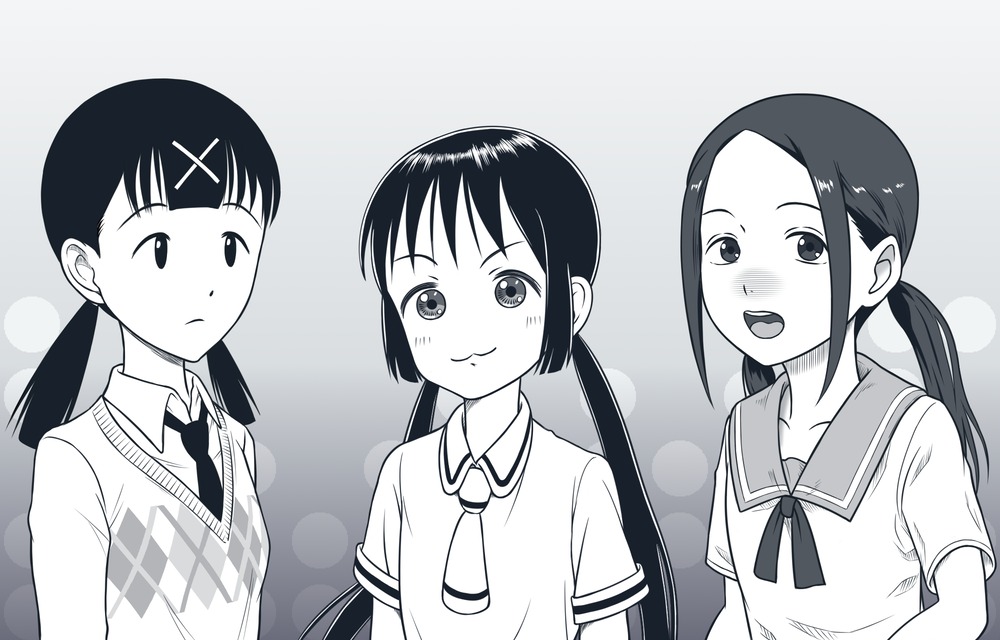 3girls :3 akim_x asobi_asobase bangs black_hair blush breasts chio-chan_no_tsuugakuro circle collarbone crossover expressionless flat_chest gradient gradient_background hair_ornament honda_hanako itou_(watashi_ga_motenai_no_wa_dou_kangaetemo_omaera_ga_warui!) long_sleeves low_twintails medium_breasts monochrome multiple_girls necktie nonomura_manana sailor_collar school_uniform serafuku shiny shiny_hair shirt short_sleeves sidelocks simple_background trait_connection twintails upper_body vest watashi_ga_motenai_no_wa_dou_kangaetemo_omaera_ga_warui! white_shirt x_hair_ornament