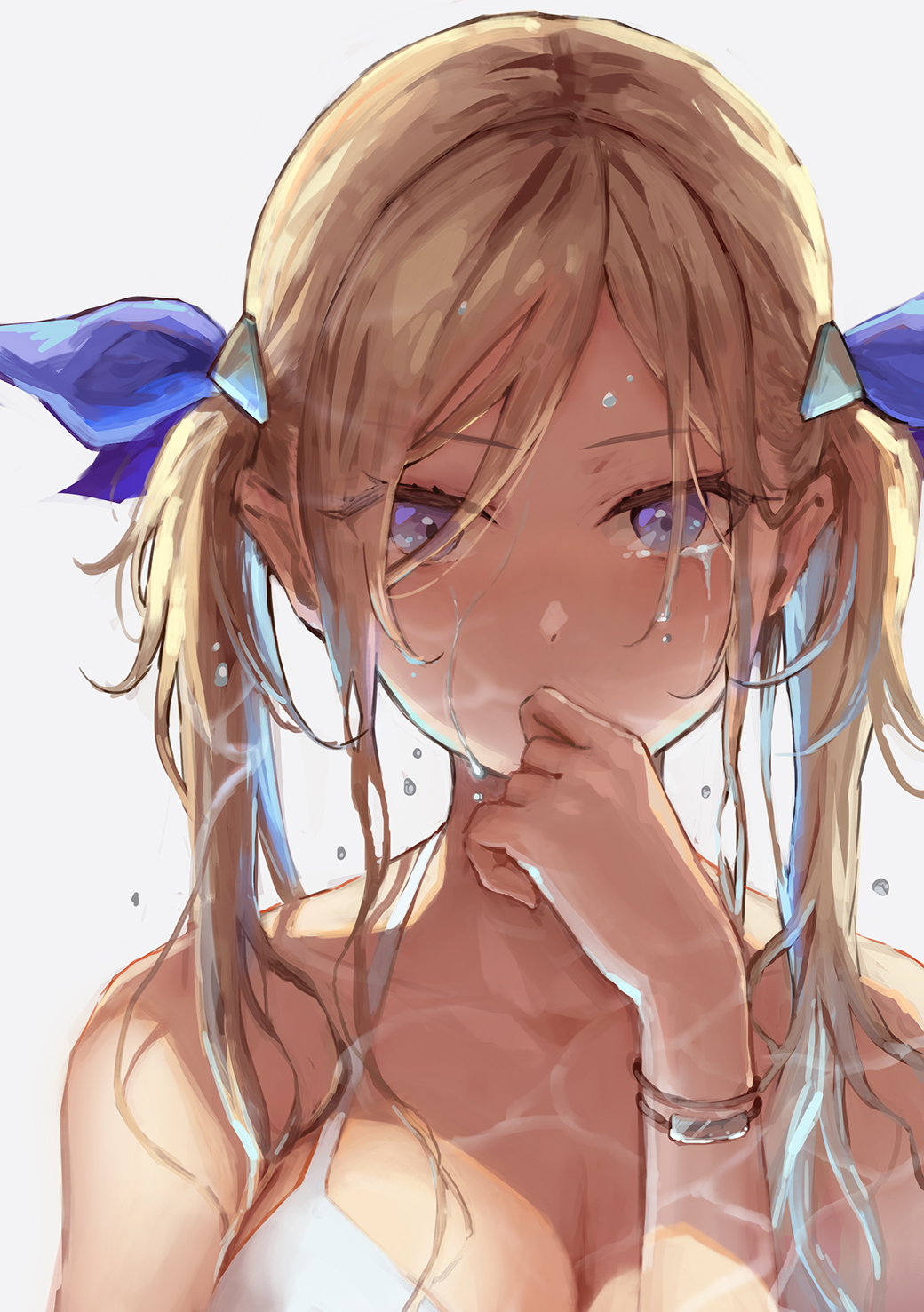 1girl bangs blonde_hair blue_eyes bracelet breasts covered_mouth crying crying_with_eyes_open eyebrows_visible_through_hair grey_background hair_between_eyes hair_ornament highres jewelry long_hair looking_at_viewer original ribbon simple_background summer tamarashi tears twintails wet wet_hair