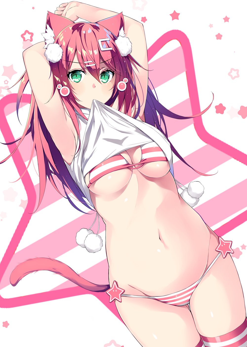 1girl arms_up ass_visible_through_thighs bikini blush breasts cat_tail cleavage dutch_angle green_eyes groin hair_between_eyes highres hips kurebayashi_noe lifted_by_self long_hair mouth_hold navel original pink_hair self_exposure shirt_lift solo star starry_background striped striped_bikini striped_legwear swimsuit tail thigh-highs thigh_gap thighs under_boob white_background