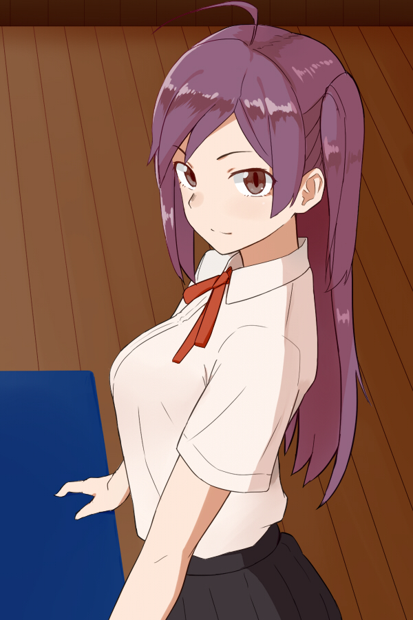 1girl ahoge black_skirt blouse brown_eyes floor from_side hagikaze_(kantai_collection) kantai_collection long_hair looking_at_viewer neck_ribbon one_side_up pleated_skirt purple_hair red_ribbon ribbon skirt smile solo tsurugi_muda white_blouse