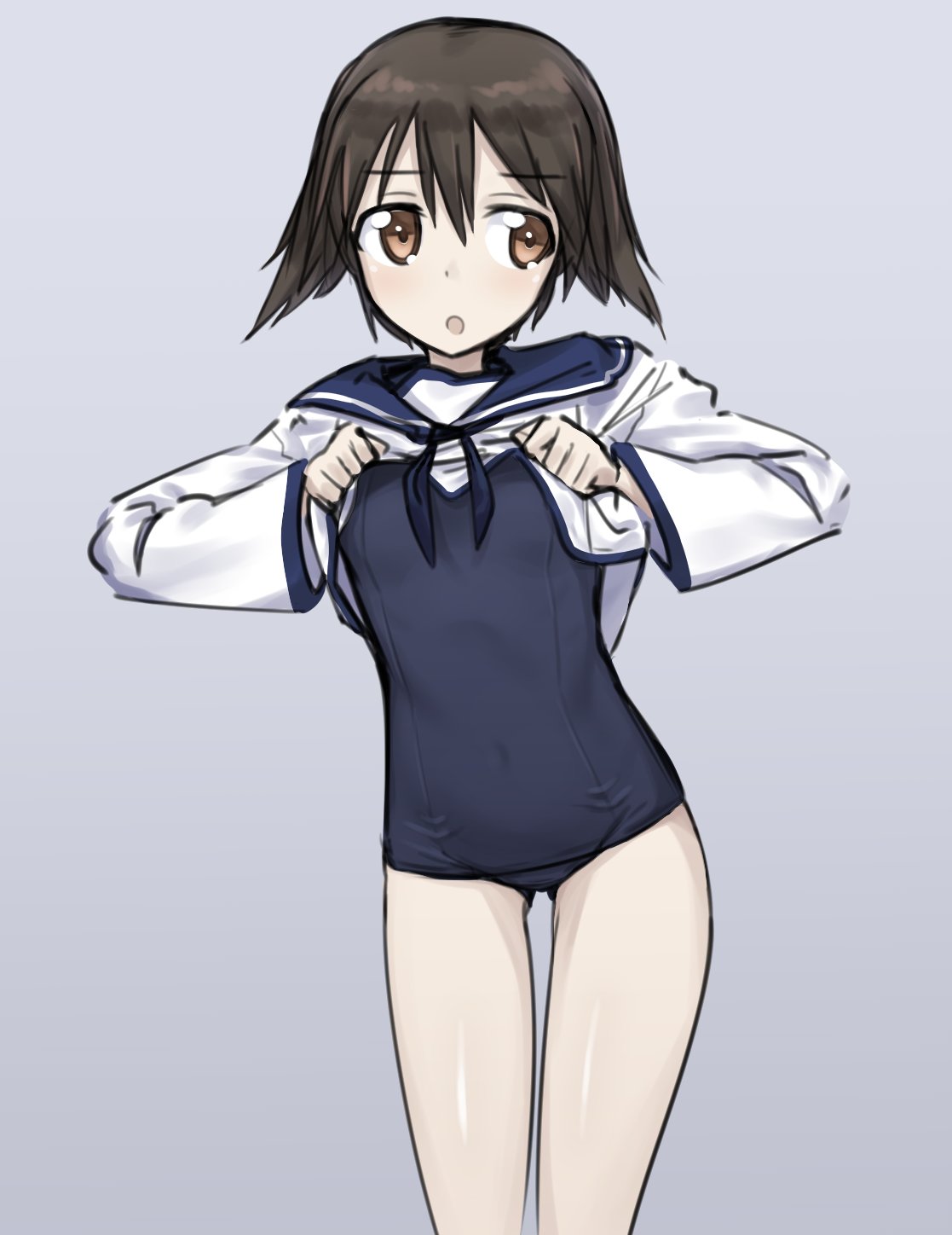 1girl ass_visible_through_thighs brown_eyes brown_hair eyebrows_visible_through_hair fankupl grey_background hair_between_eyes highres miyafuji_yoshika sailor school_swimsuit shirt_lift solo strike_witches swimsuit swimsuit_under_clothes world_witches_series