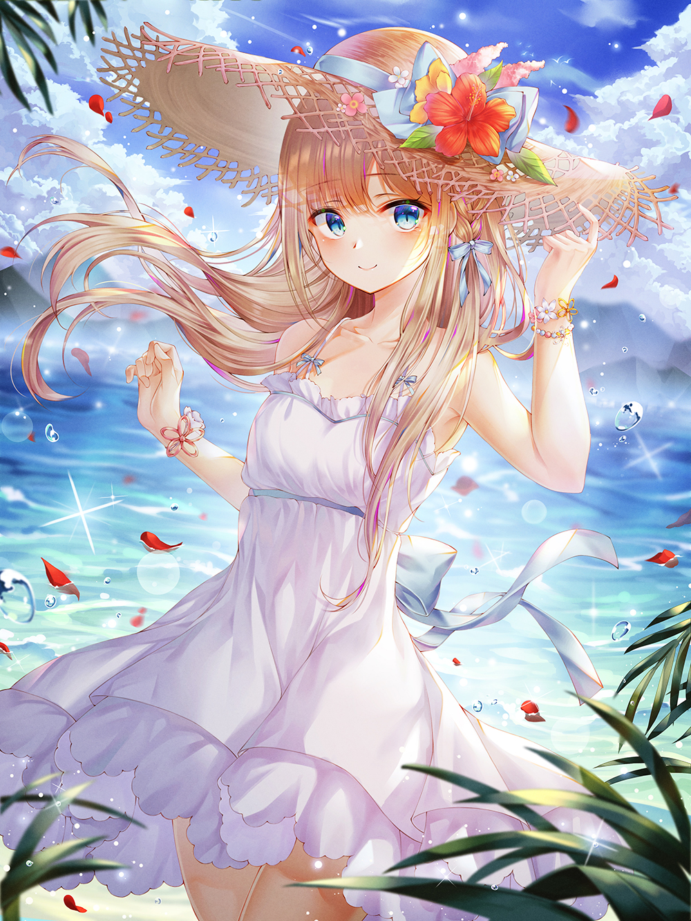 1girl armpits bangs beach bird blonde_hair blue_eyes blue_sky blurry blurry_background blush bracelet breasts closed_mouth clouds collarbone day dress floating_hair flower hair_ribbon hand_on_headwear hat hat_flower hat_ribbon highres jewelry light_particles long_hair looking_at_viewer mellozzo original outdoors petals red_flower ribbon sidelocks sky small_breasts smile solo sparkle straw_hat thighs water_drop white_dress wind