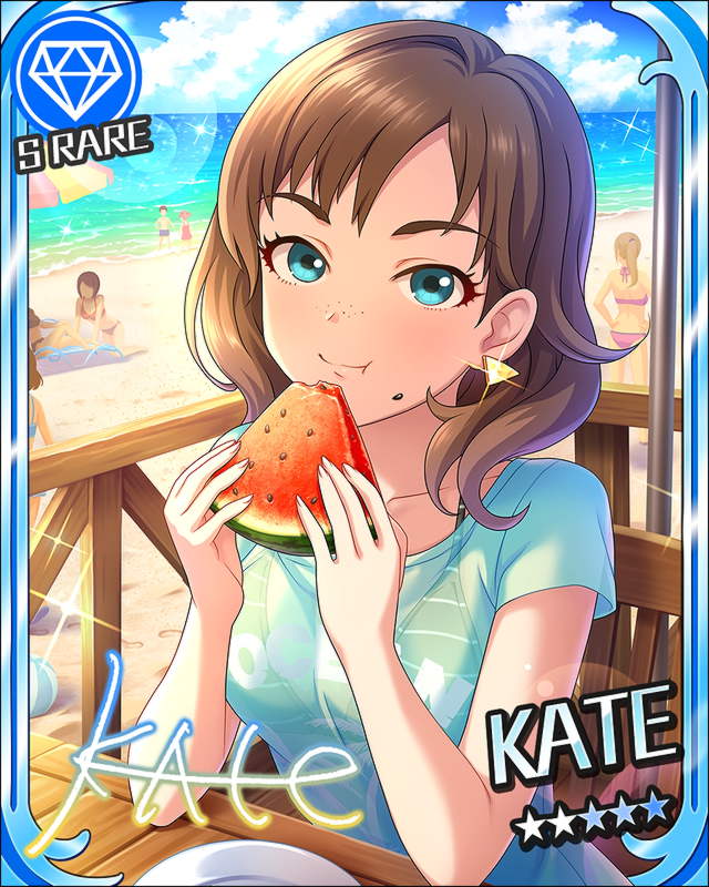 blue_eyes blush brown_hair character_name idolmaster idolmaster_cinderella_girls kate_(idolmaster) shirt short_hair smile stars watermelon