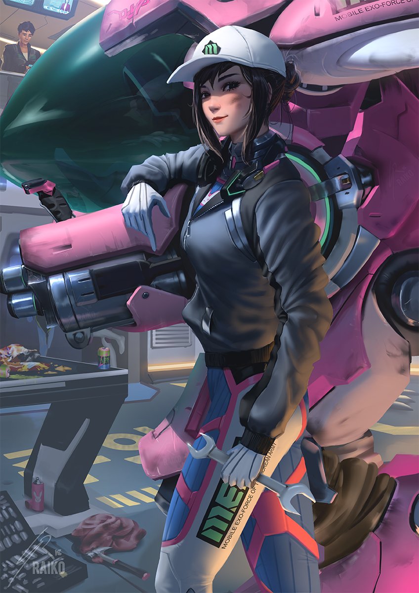 2girls animal_print arm_at_side bangs black_hair black_jacket blue_bodysuit bodysuit bunny_print closed_mouth commentary d.va_(overwatch) dirty_face gloves hat headphones headphones_around_neck highres holding holding_weapon holding_wrench jacket long_sleeves looking_at_viewer meka_(overwatch) multiple_girls overwatch partially_unzipped raikoart red_lips shaded_face smile solo_focus standing weapon white_gloves white_hat