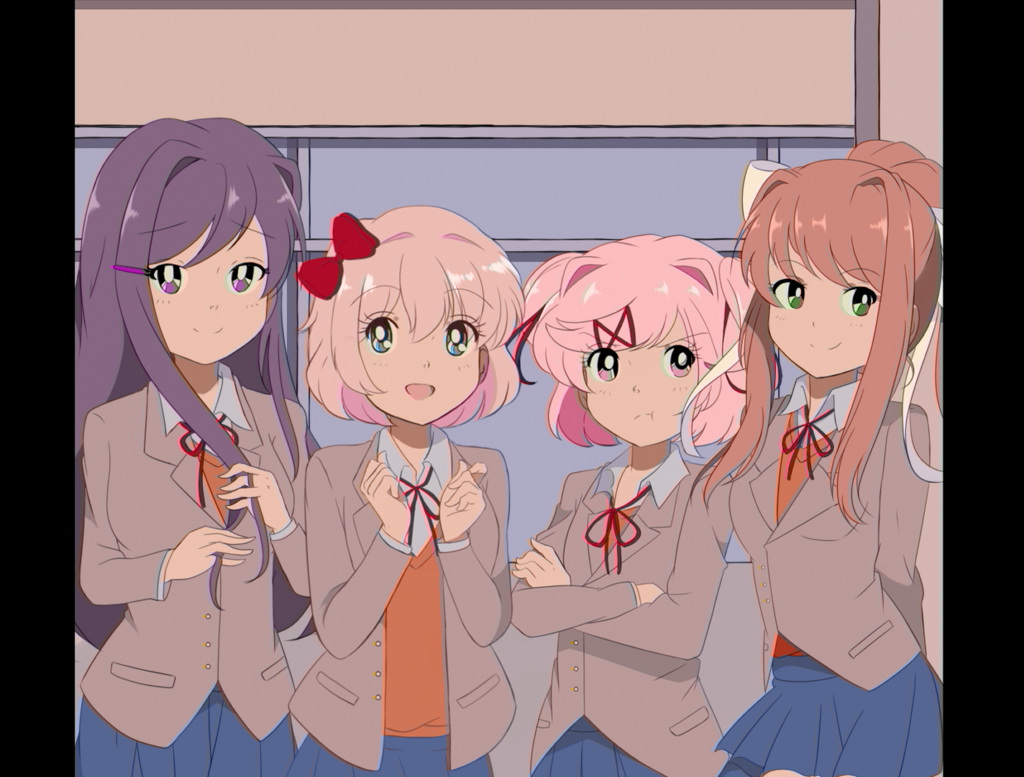 4girls 80s :d :t arms_behind_back blue_eyes blue_skirt bow brown_hair chocomiru commentary cowboy_shot crossed_arms doki_doki_literature_club english_commentary eyebrows_visible_through_hair eyes_visible_through_hair green_eyes grey_jacket hair_between_eyes hair_bow hair_ornament hair_ribbon hairclip hands_up jacket long_hair looking_at_viewer monika_(doki_doki_literature_club) multiple_girls natsuki_(doki_doki_literature_club) oldschool open_mouth orange_vest pillarboxed pink_eyes pink_hair ponytail pout purple_hair red_bow red_ribbon ribbon sayori_(doki_doki_literature_club) school_uniform shirt short_hair skirt smile two_side_up violet_eyes white_ribbon white_shirt yuri_(doki_doki_literature_club)