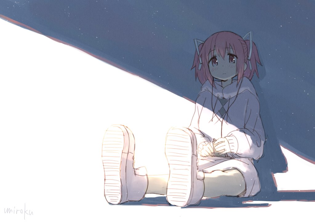 1girl ankle_boots blush boots closed_mouth commentary_request digital_media_player earmuffs grey_hoodie hair_ribbon holding hood hood_down hoodie kaname_madoka looking_at_viewer mahou_shoujo_madoka_magica pantyhose pink_hair ribbon short_hair sitting solo twintails umiroku white_footwear white_legwear white_ribbon