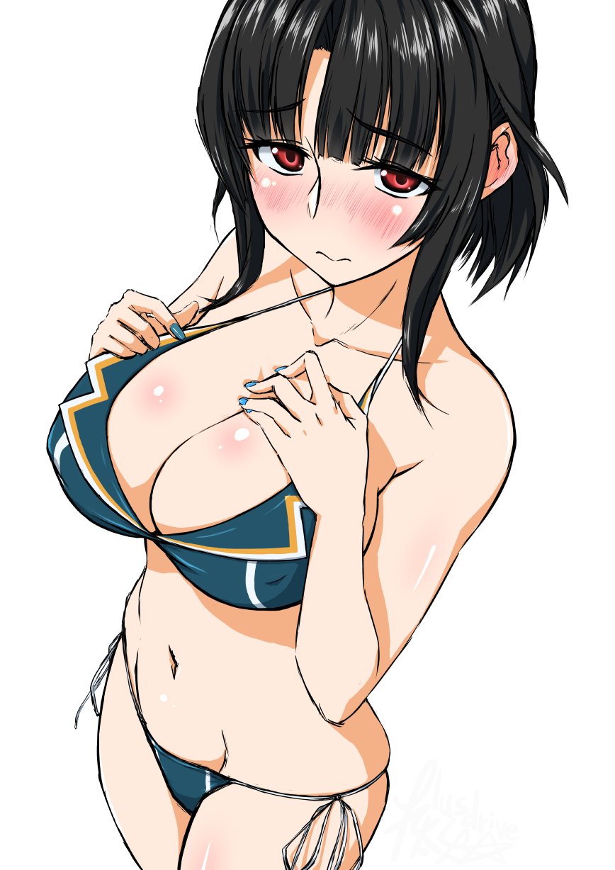 1girl bangs bikini black_hair blue_nails blunt_bangs breasts cleavage collarbone cowboy_shot from_above hands_on_own_chest highres kantai_collection koutarou_(plusdrive) large_breasts nail_polish navel pursed_lips red_eyes short_hair side-tie_bikini sidelocks solo standing swimsuit takao_(kantai_collection) white_background