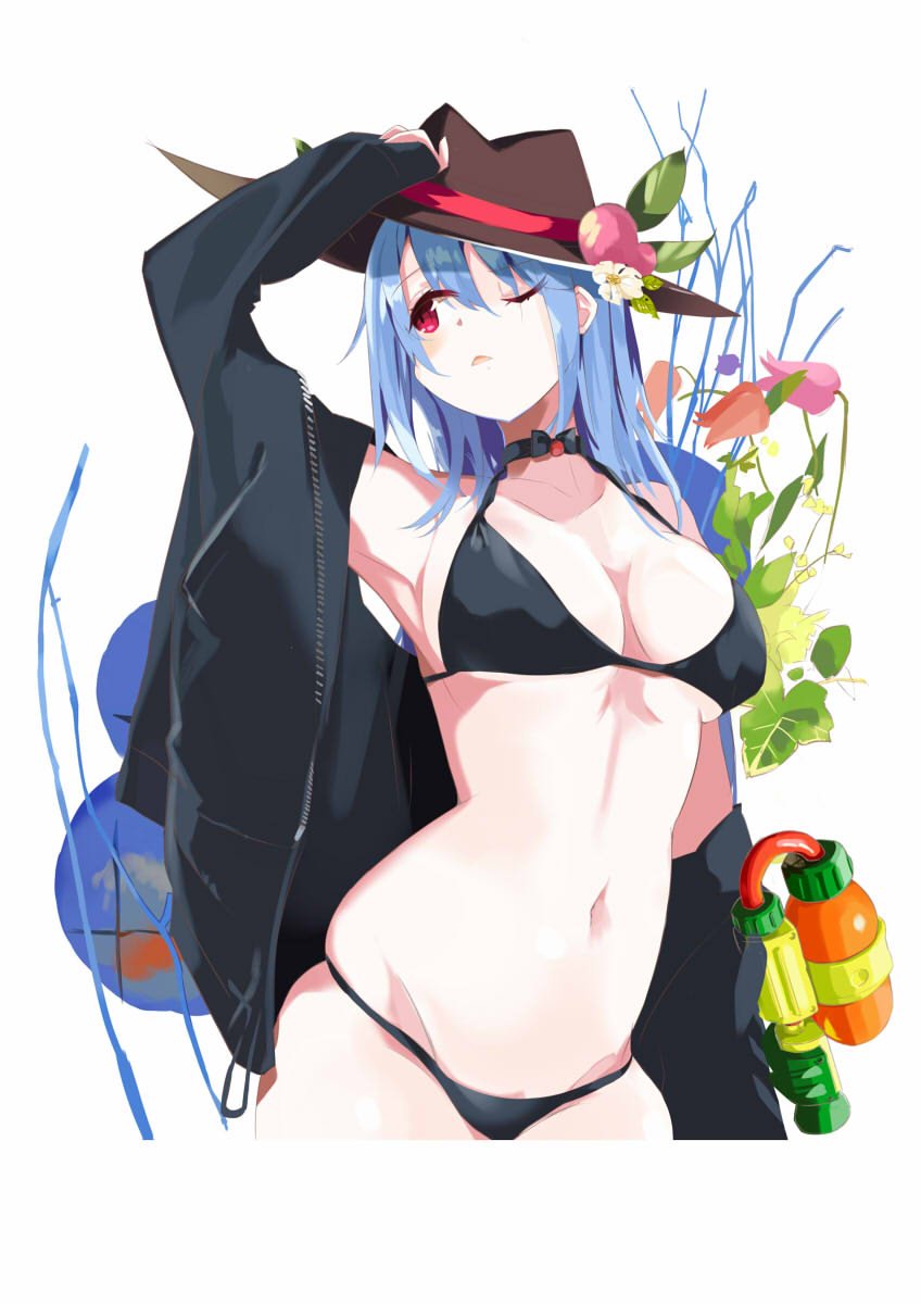 1girl arm_up bangs bare_shoulders bikini black_bikini black_choker black_jacket blue_hair breasts brown_hat choker collarbone commentary_request cowboy_shot eyebrows_visible_through_hair fedora flower food fruit groin hair_between_eyes halterneck hat highres hinanawi_tenshi jacket leaf long_hair long_sleeves looking_up medium_breasts navel off_shoulder one_eye_closed open_clothes open_jacket parted_lips peach pink_flower red_eyes red_flower skindentation solo standing stomach swimsuit tetsurou_(fe+) thighs touhou tulip