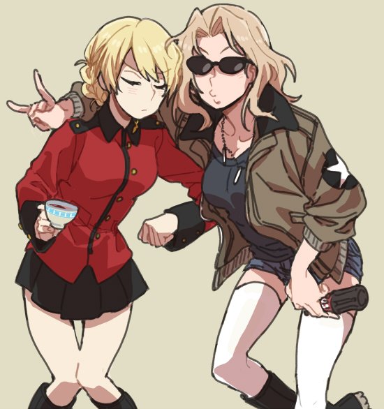 2girls black_skirt black_tank_top blonde_hair bomber_jacket braid closed_eyes coke_bottle darjeeling demon_horns denim denim_shorts dog_tags french_braid girls_und_panzer hair_intakes horns jacket kay_(girls_und_panzer) knees_together multiple_girls ree_(re-19) saunders_school_uniform shorts skirt st._gloriana's_military_uniform sunglasses tan_background tank_top thigh-highs white_legwear