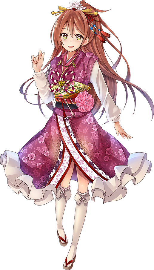 1girl brown_hair full_body hair_between_eyes hair_ornament iwamura_(oshiro_project) japanese_clothes kimono kneehighs looking_at_viewer official_art oshiro_project oshiro_project_re ponytail purple_kimono sandals smile solo taicho128 transparent_background white_legwear yellow_eyes