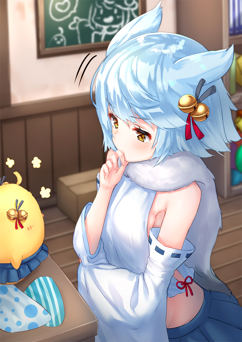 1girl ahoge animal_ears azur_lane bell bird blue_hair blush bookshelf box cardboard_box chalkboard chick commentary_request crossed_arms detached_sleeves doodle finger_to_mouth fubuki_(azur_lane) hair_bell hair_ornament highres indoors jingle_bell pensuke ribbon-trimmed_sleeves ribbon_trim scarf short_hair yellow_eyes
