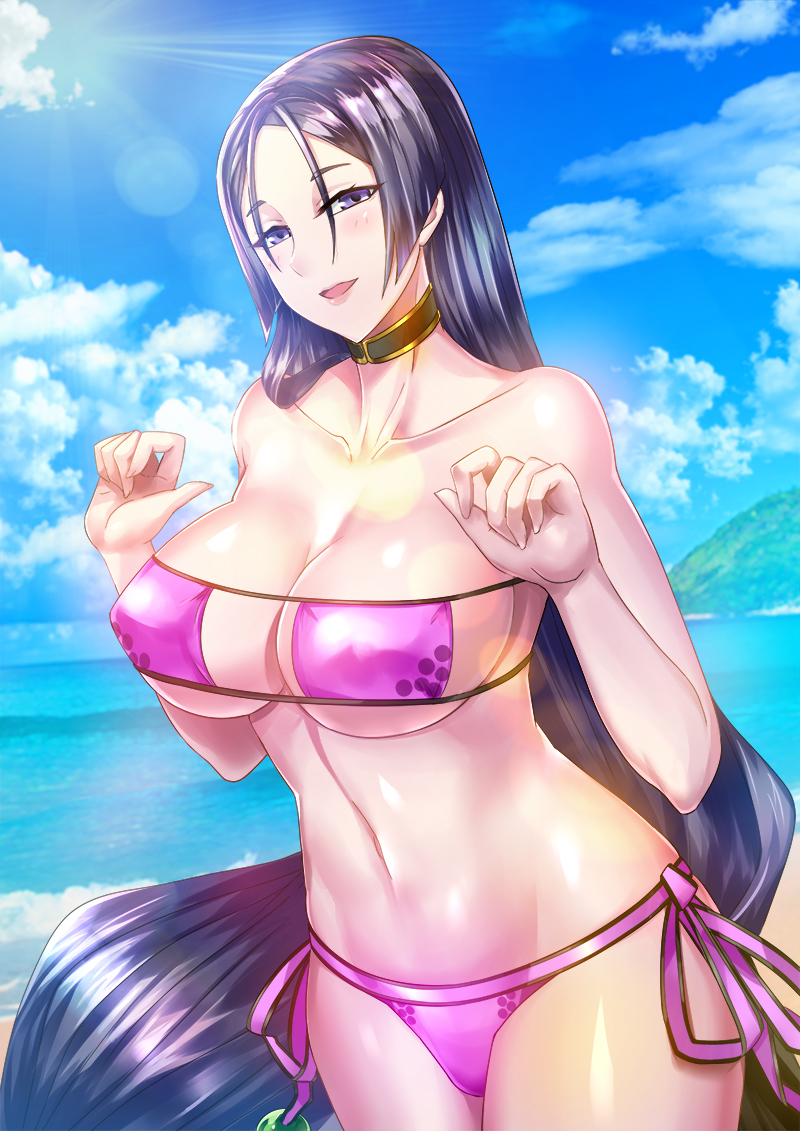 1girl bangs bikini blue_sky blush breasts choker cleavage collarbone commentary_request dtcy eyepatch_bikini fate/grand_order fate_(series) hair_between_eyes hips large_breasts long_hair looking_at_viewer minamoto_no_raikou_(fate/grand_order) minamoto_no_raikou_(swimsuit_lancer)_(fate) navel ocean open_mouth parted_bangs purple_bikini purple_hair side-tie_bikini sky smile solo sunlight swimsuit very_long_hair violet_eyes waist