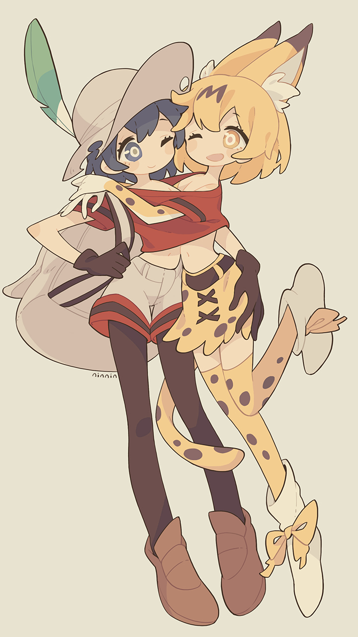 2girls ;d animal_ear_fluff animal_ears backpack bag black_eyes black_hair black_legwear blonde_hair bucket_hat gloves hat hat_feather highres kaban_(kemono_friends) kemono_friends loafers multiple_girls one_eye_closed open_mouth red_shirt renren_(ah_renren) serval_(kemono_friends) serval_ears serval_print serval_tail shared_clothes shared_shirt shirt shoes short_hair shorts skirt smile tail thigh-highs