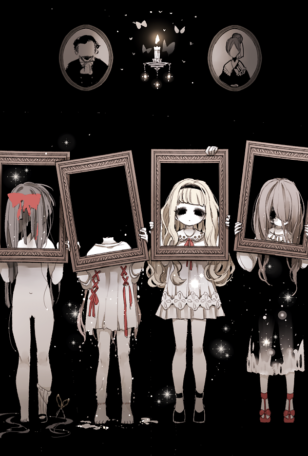 4girls black_background black_dress black_eyes blonde_hair bow brown_hair chino_machiko decapitation dress frame ghost hair_bow holding long_hair looking_at_viewer multiple_girls original portrait_(object) red_bow short_dress simple_background standing white_dress white_skin