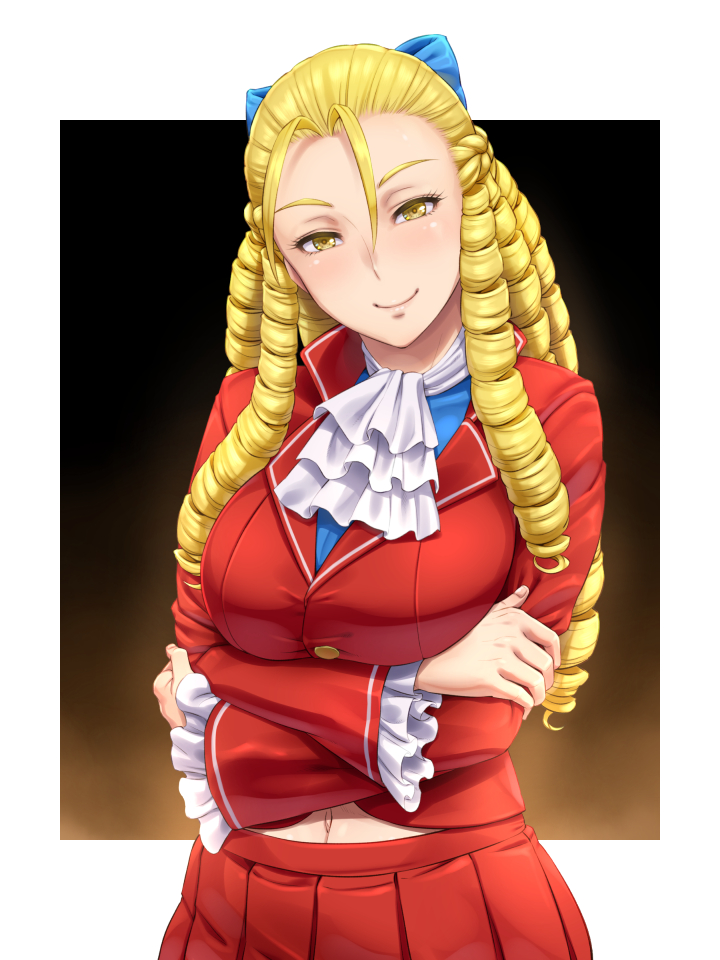 1girl blonde_hair breasts crossed_arms drill_hair forehead frills hair_ribbon kanzuki_karin long_hair looking_at_viewer navel pleated_skirt ribbon shikuta_maru skirt smile solo street_fighter street_fighter_v yellow_eyes