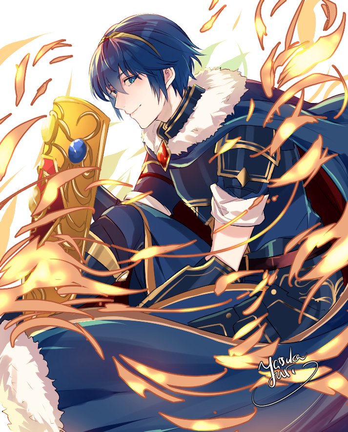 1boy armor blue_eyes blue_hair cape fire fire_emblem fire_emblem:_mystery_of_the_emblem fire_emblem_heroes gloves looking_at_viewer male_focus marth open_mouth shield short_hair smile sword tiara weapon yuli_(yy07610)