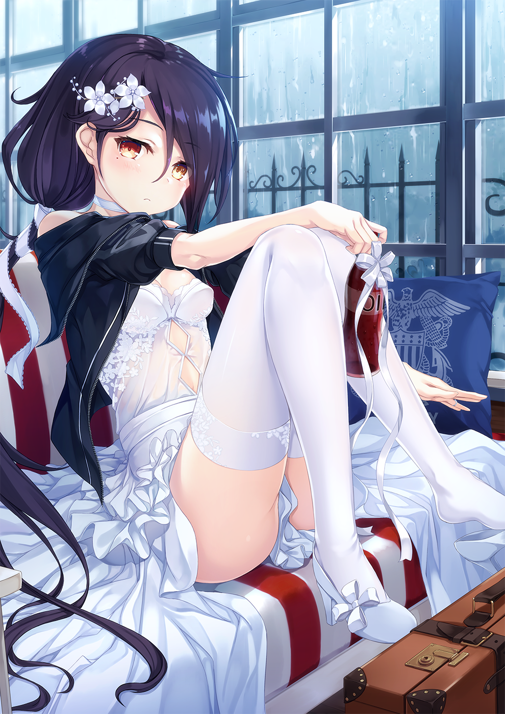 1girl azur_lane black_hair cassin_(azur_lane) coke_bottle commentary_request dress flower hair_flower hair_ornament heterochromia highres jacket kurenai_musume long_hair looking_at_viewer luggage mole mole_under_eye pillow ponytail rain sitting soft_drink solo thigh-highs wedding_dress white_legwear window