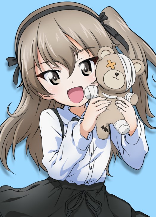 1girl :d bandage bangs black_neckwear black_ribbon black_skirt blue_background boko_(girls_und_panzer) brown_eyes casual collared_shirt commentary eyebrows_visible_through_hair girls_und_panzer hair_ribbon high-waist_skirt holding holding_stuffed_animal kanau light_brown_hair long_hair long_sleeves looking_at_viewer open_mouth ribbon scar shadow shimada_arisu shirt side_ponytail skirt smile solo standing stuffed_animal stuffed_toy suspender_skirt suspenders teddy_bear upper_body white_shirt