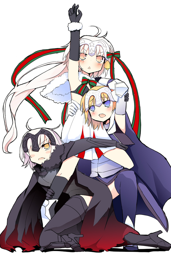 3girls armor armored_dress black_gloves black_legwear blonde_hair blue_eyes breasts cape capelet elbow_gloves fate/grand_order fate_(series) fur-trimmed_cape fur-trimmed_capelet fur_collar fur_trim gauntlets gloves gundam_narrative hair_over_one_eye hair_ribbon headpiece jeanne_d'arc_(alter)_(fate) jeanne_d'arc_(fate) jeanne_d'arc_(fate)_(all) jeanne_d'arc_alter_santa_lily large_breasts looking_back matsushita_yuu multiple_girls narrative_formation parody pose reaching_out ribbon short_hair silver_hair simple_background thigh-highs twisted_torso white_background yellow_eyes