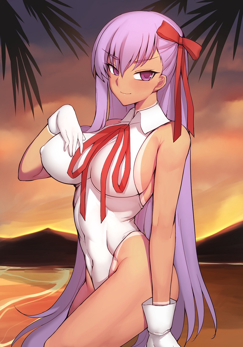 1girl ass bare_shoulders bb_(fate)_(all) bb_(swimsuit_mooncancer)_(fate) beach blush breasts covered_navel covered_nipples eyebrows_visible_through_hair fate/grand_order fate_(series) gloves groin k_jin leotard long_hair looking_at_viewer outdoors palm_tree purple_hair sleeveless smile solo sunset tan tanline tree very_long_hair violet_eyes white_gloves white_leotard