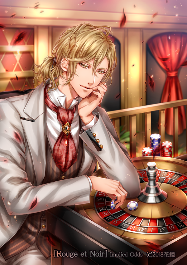 1boy argyle blonde_hair brown_vest copyright_name cuff_links curtains dr. grey_suit hand_on_own_cheek indoors looking_at_viewer male_focus official_art poker_chip railing red_curtains red_neckwear rouge_et_noir roulette sitting solo striped_vest vest watermark yellow_eyes