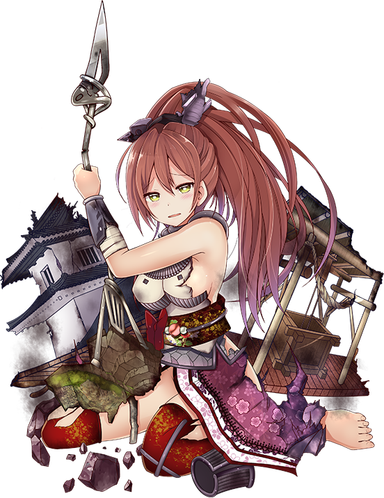 1girl bare_shoulders blush breasts brown_hair full_body hair_ornament holding holding_spear holding_weapon iwamura_(oshiro_project) large_breasts looking_at_viewer official_art open_mouth oshiro_project oshiro_project_re polearm ponytail red_legwear seiza sideboob sitting solo spear taicho128 thigh-highs torn_clothes transparent_background weapon yellow_eyes
