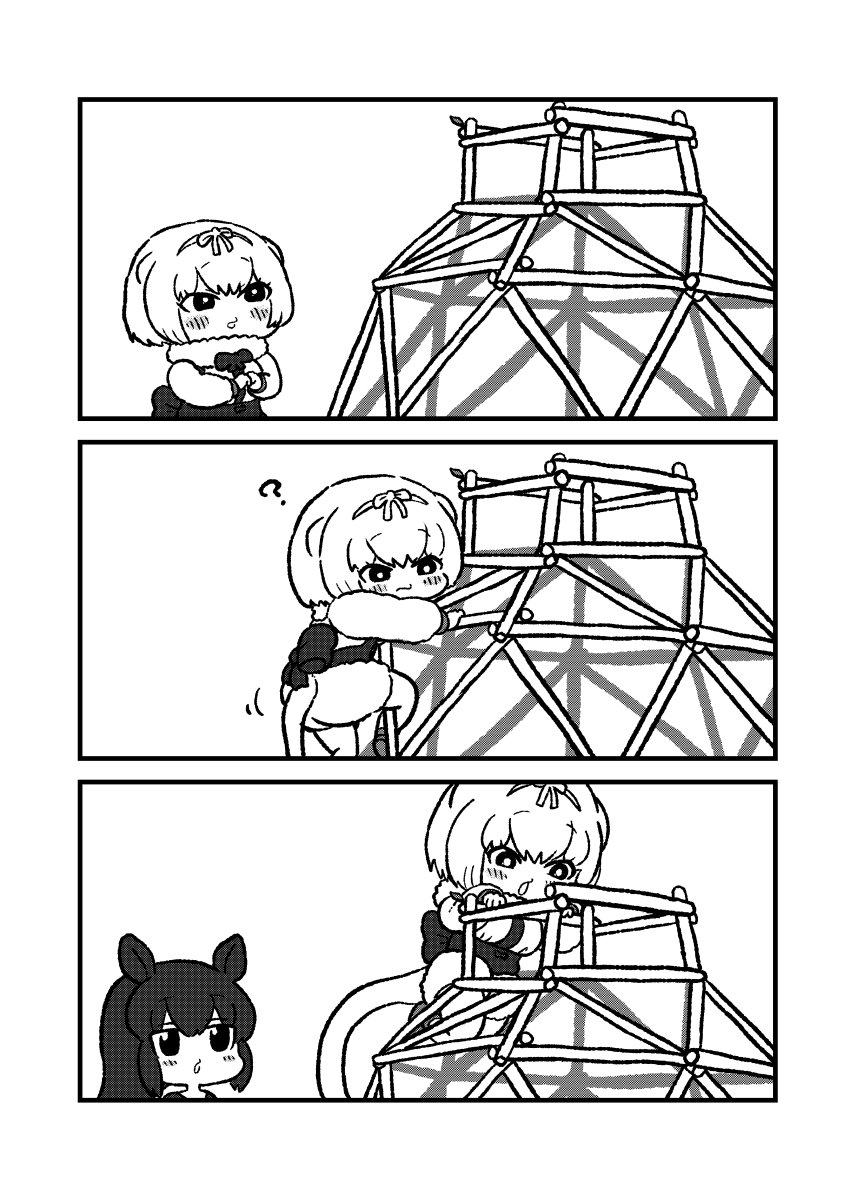 2girls 3koma ? animal_ears anteater_ears anteater_tail bangs blue_eyes bright_pupils character_request climbing comic fur_collar greyscale hair_ribbon hairband highres hippopotamus_(kemono_friends) kemono_friends kotobuki_(tiny_life) monochrome multiple_girls parted_bangs ribbon short_hair silent_comic silky_anteater_(kemono_friends) simple_background white_background