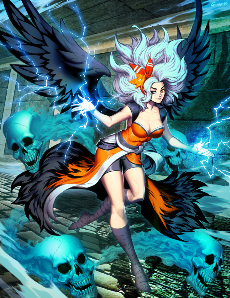 1girl black_wings blue_hair breasts cleavage collarbone electricity flower genzoman hair_flower hair_ornament large_breasts long_hair magic orange_eyes rocbouquet_(saga) romancing_saga romancing_saga_2 saga skull smile solo wings