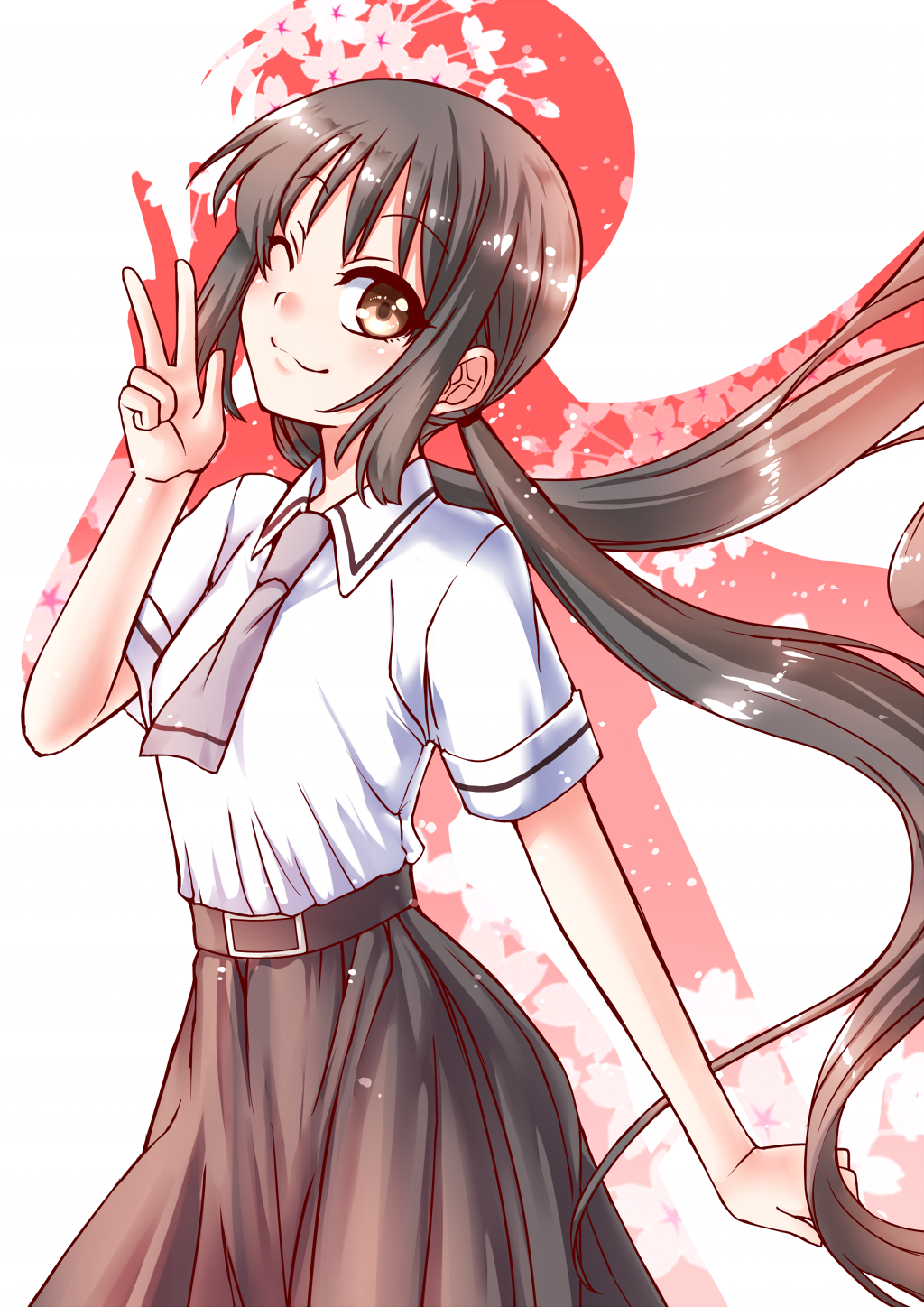 1girl ;3 asobi_asobase belt black_hair black_skirt brown_eyes eyebrows_visible_through_hair grey_neckwear highres honda_hanako kaikai long_hair long_skirt looking_at_viewer school_uniform shirt short_sleeves skirt smile solo v very_long_hair white_shirt