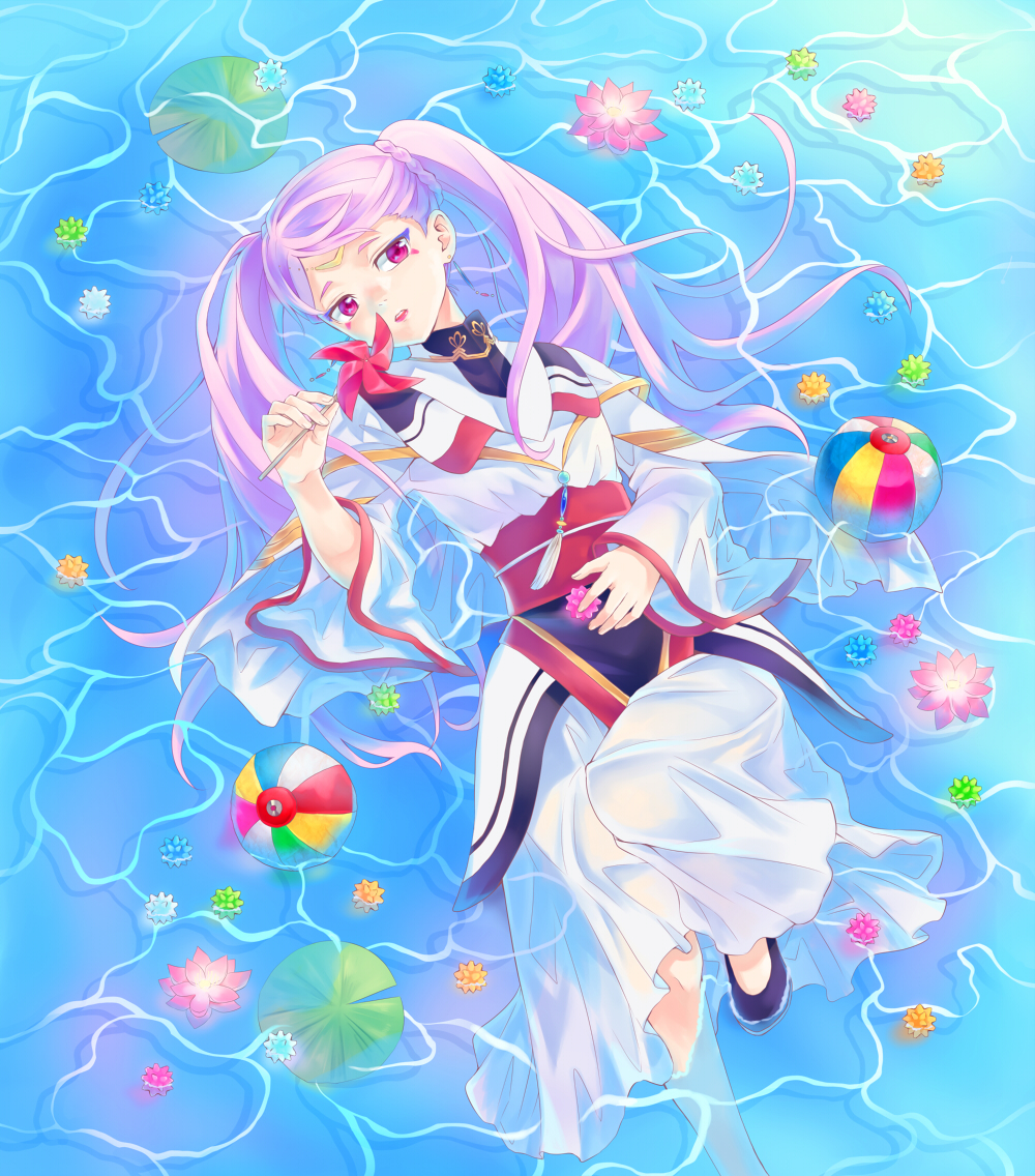 1girl bekkourico braid day floating_hair from_above holding kakumeiki_valvrave lieselotte_w_dorssia long_hair looking_at_viewer lying obi on_back open_mouth outdoors pink_hair red_eyes sash shirt skirt solo twintails very_long_hair wet wet_clothes white_shirt white_skirt