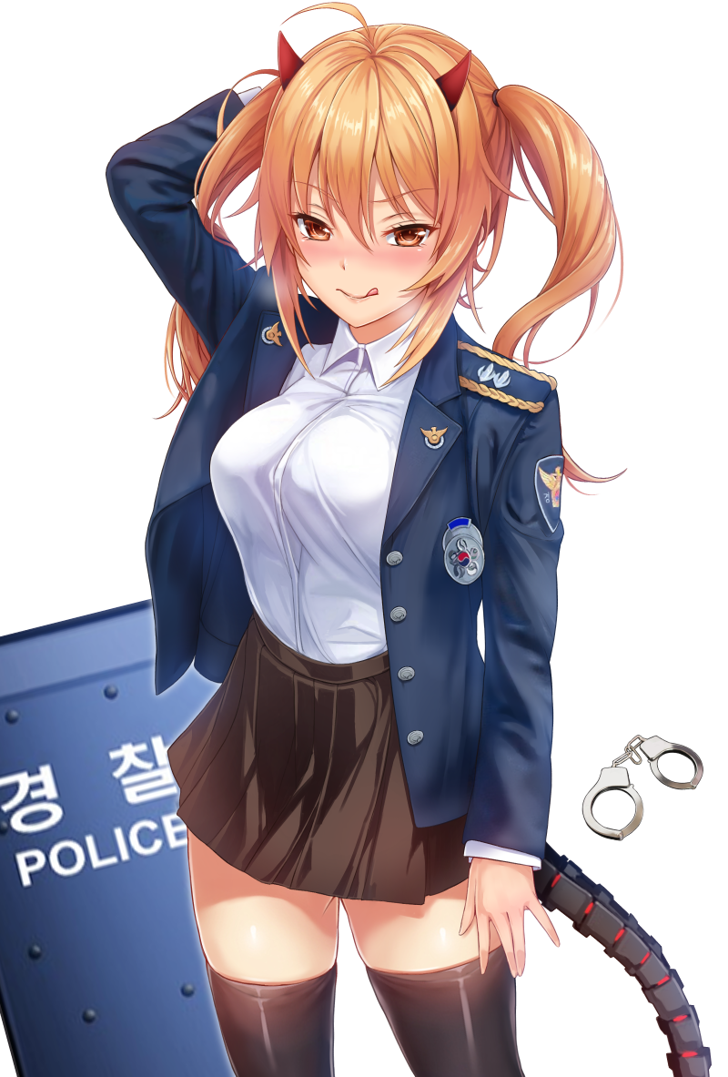 1girl :q alternate_costume badge black_legwear black_skirt blue_jacket blush breasts collared_shirt cowboy_shot cuffs demon_horns eyebrows_visible_through_hair girls_frontline gloves hair_between_eyes hand_behind_head hand_cuffs heifetz horns jacket long_hair looking_at_viewer m870_(girls_frontline) mechanical_tail miniskirt open_clothes open_jacket orange_eyes riot_shield shirt simple_background skindentation skirt smile solo tail thigh-highs tongue tongue_out twintails white_background white_shirt zettai_ryouiki