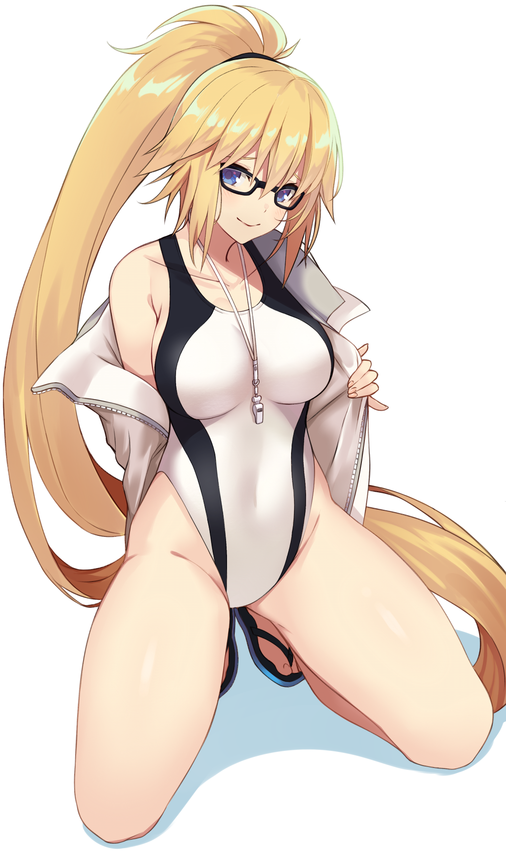 1girl bare_shoulders black-framed_eyewear blonde_hair blue_eyes collarbone covered_navel fate_(series) flip-flops glasses highres jacket jeanne_d'arc_(fate) jeanne_d'arc_(fate)_(all) kneeling long_hair looking_to_the_side one-piece_swimsuit ponytail sandals shadow solo spread_legs sukebewe swimsuit whistle whistle_around_neck white_background