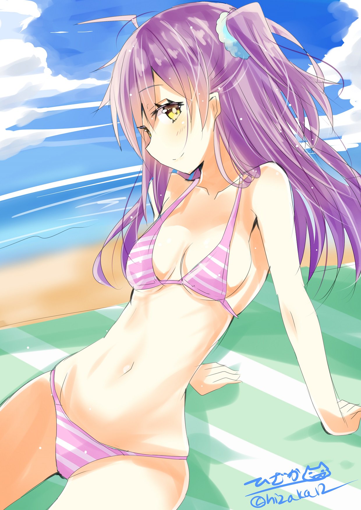 1girl beach bikini blue_sky blush breasts closed_mouth clouds eyebrows_visible_through_hair hagikaze_(kantai_collection) highres hizaka kantai_collection looking_at_viewer ocean side_ponytail sitting sky small_breasts smile solo striped striped_bikini swimsuit twitter_username yellow_eyes