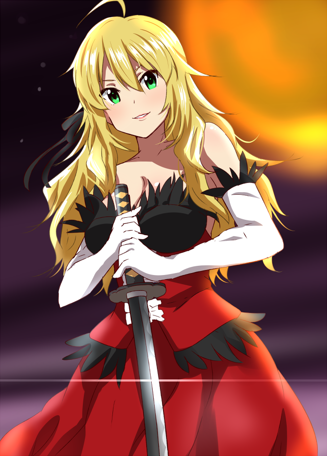 1girl ahoge blonde_hair blurry blurry_background breasts cleavage collarbone cosplay dress elbow_gloves gloves green_eyes hair_between_eyes holding holding_sword holding_weapon hoshii_miki idolmaster idolmaster_(classic) katana kiss-shot_acerola-orion_heart-under-blade kiss-shot_acerola-orion_heart-under-blade_(cosplay) large_breasts lieass long_hair looking_at_viewer moon night outdoors parted_lips shiny shiny_hair smile solo strapless strapless_dress sword weapon white_gloves