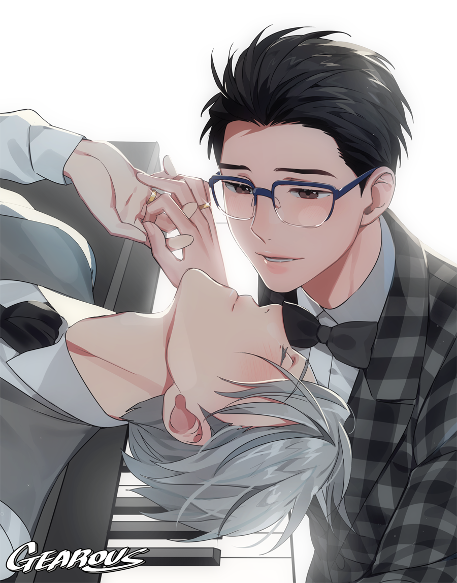 2boys artist_name black_hair blazer blue-framed_eyewear bow bowtie brown_eyes checkered closed_eyes gearous glasses hair_slicked_back instrument interlocked_fingers jacket jewelry katsuki_yuuri lying male_focus multiple_boys necktie on_back piano ring silver_hair smile viktor_nikiforov yaoi yuri!!!_on_ice