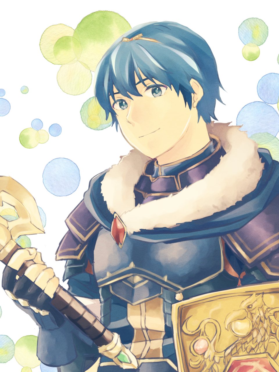 1boy armor blue_eyes blue_hair cape falchion_(fire_emblem) fire_emblem fire_emblem:_mystery_of_the_emblem fire_emblem_heroes gloves highres looking_at_viewer male_focus marth nishimura_(nianiamu) short_hair smile solo sword tiara weapon