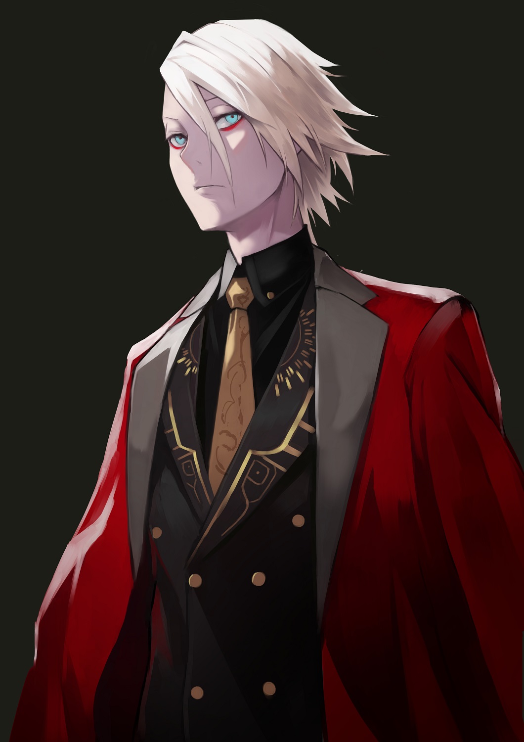 1boy 55level black_jacket brown_background cape commentary_request dark_background fate/grand_order fate_(series) formal hair_between_eyes highres jacket karna_(fate) light_blue_eyes looking_at_viewer looking_to_the_side male_focus necktie pale_skin red_cape short_hair simple_background solo standing upper_body white_hair yellow_neckwear