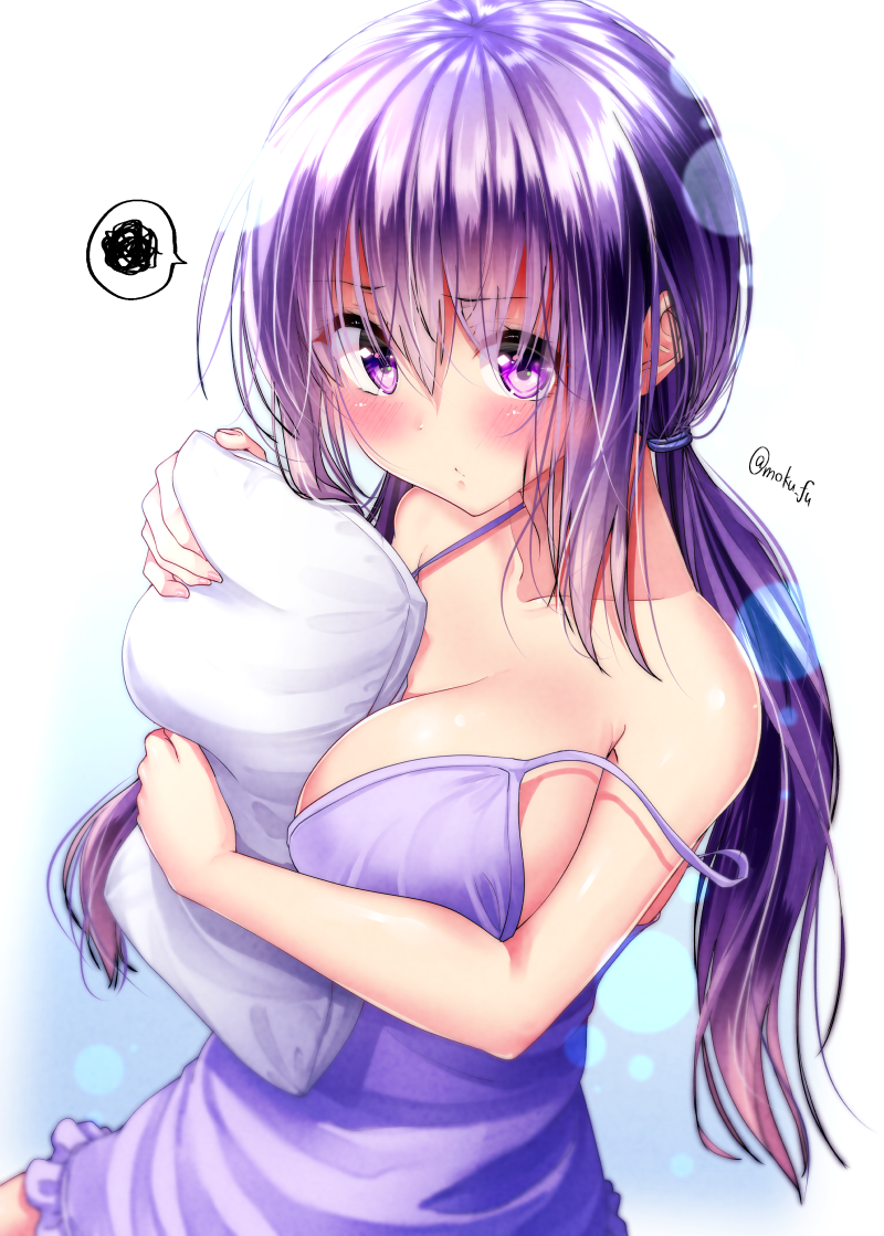 1girl bangs bare_arms bare_shoulders blush breasts cleavage collarbone embarrassed eyebrows_visible_through_hair eyes_visible_through_hair hair_tie large_breasts looking_at_viewer low_twintails mokufuu nail_polish nightgown no_bra original pillow pillow_hug pink_nails pout purple_hair purple_nightgown shiny shiny_skin sideboob sidelocks solo spoken_squiggle squiggle strap_slip twintails twitter_username violet_eyes