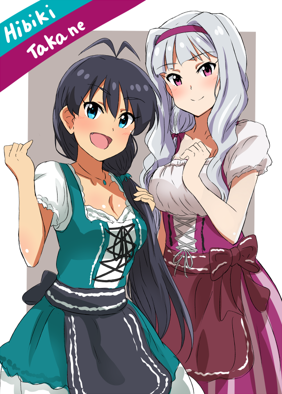 2girls alternate_costume black_apron blush breasts brown_apron character_name cleavage collarbone corset cowboy_shot enmaided eyebrows_visible_through_hair ganaha_hibiki hairband idolmaster idolmaster_(classic) jewelry lieass long_hair looking_at_viewer maid medium_breasts multiple_girls necklace purple_hairband red_eyes shijou_takane shiny shiny_hair short_sleeves silver_hair skirt smile standing striped vertical-striped_skirt vertical_stripes