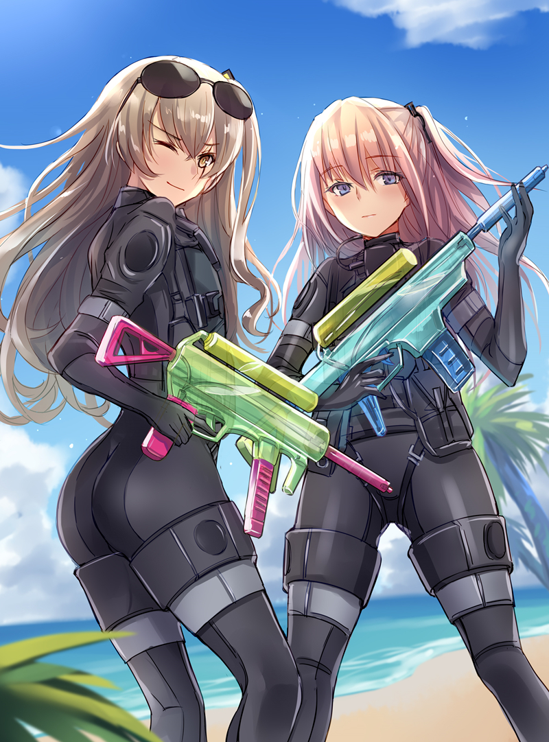 2girls alternate_costume ass bangs beach blue_eyes blue_sky brown_hair closed_mouth day diving_suit eyebrows_visible_through_hair girls_frontline gun hair_between_eyes hair_ornament holding holding_gun holding_weapon long_hair looking_at_viewer multicolored_hair multiple_girls ocean one_eye_closed one_side_up outdoors pink_hair sand scar scar_across_eye side_ponytail sidelocks sky st_ar-15_(girls_frontline) streaked_hair trigger_discipline ump45_(girls_frontline) water_gun weapon wetsuit yellow_eyes yuemanhuaikong