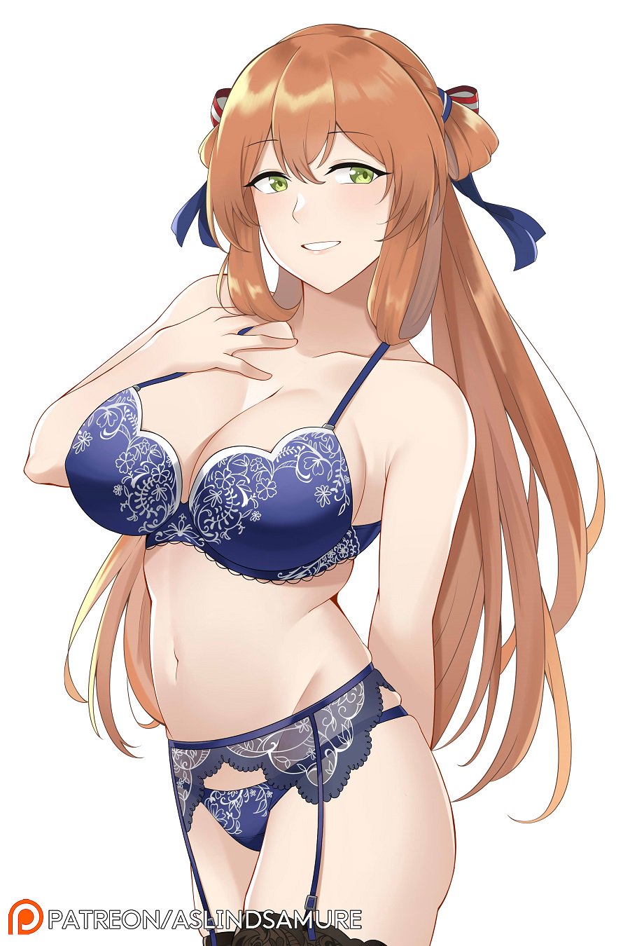 1girl arm_behind_back aslindsamure bangs blue_bra blue_panties blush bra breasts brown_hair cleavage collarbone eyebrows_visible_through_hair garter_belt garter_straps girls_frontline green_eyes groin hair_between_eyes hair_ribbon hair_rings hand_on_own_chest highres lace lace-trimmed_thighhighs large_breasts lingerie long_hair looking_at_viewer m1903_springfield_(girls_frontline) navel panties parted_lips patreon_username ribbon sidelocks simple_background skindentation smile solo stomach tareme thigh-highs twintails underwear underwear_only white_background