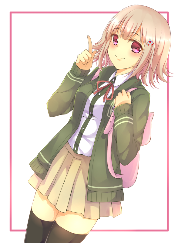 1girl backpack bag black_legwear bow collared_shirt commentary_request dangan_ronpa dress_shirt eyebrows_visible_through_hair flipped_hair green_hoodie hair_ornament hairclip hood hoodie long_sleeves nanami_chiaki pink_eyes pink_hair pleated_skirt pointing pointing_up red_bow school_uniform shirt skirt smile solo super_dangan_ronpa_2 thigh-highs watoson white_background