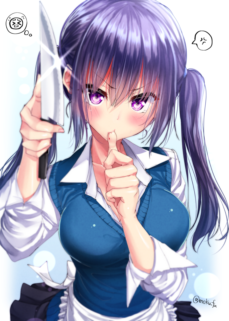 &gt;_&lt; 1girl anger_vein apron bangs black_skirt bleeding blood blood_sucking blue_vest breasts collarbone collared_shirt eyebrows_visible_through_hair holding holding_knife knife large_breasts lens_flare long_sleeves looking_at_viewer low_twintails mokufuu original pleated_skirt purple_hair shirt sidelocks skirt sleeves_folded_up sleeves_rolled_up solo spoken_anger_vein sweater_vest tearing_up thought_bubble thumb_sucking twintails twitter_username vest violet_eyes waist_apron white_apron white_shirt wing_collar