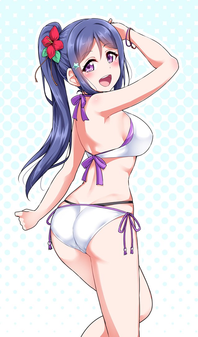 1girl :d arm_up ass bikini blue_hair blush clenched_hand commentary_request eyebrows_visible_through_hair flower hair_flower hair_ornament halftone halftone_background halterneck looking_at_viewer looking_back love_live! love_live!_sunshine!! matsuura_kanan multiple_straps open_mouth outline ponytail red_flower round_teeth side-tie_bikini sidelocks smile solo star star_hair_ornament swimsuit teeth upper_teeth violet_eyes white_bikini white_outline yopparai_oni