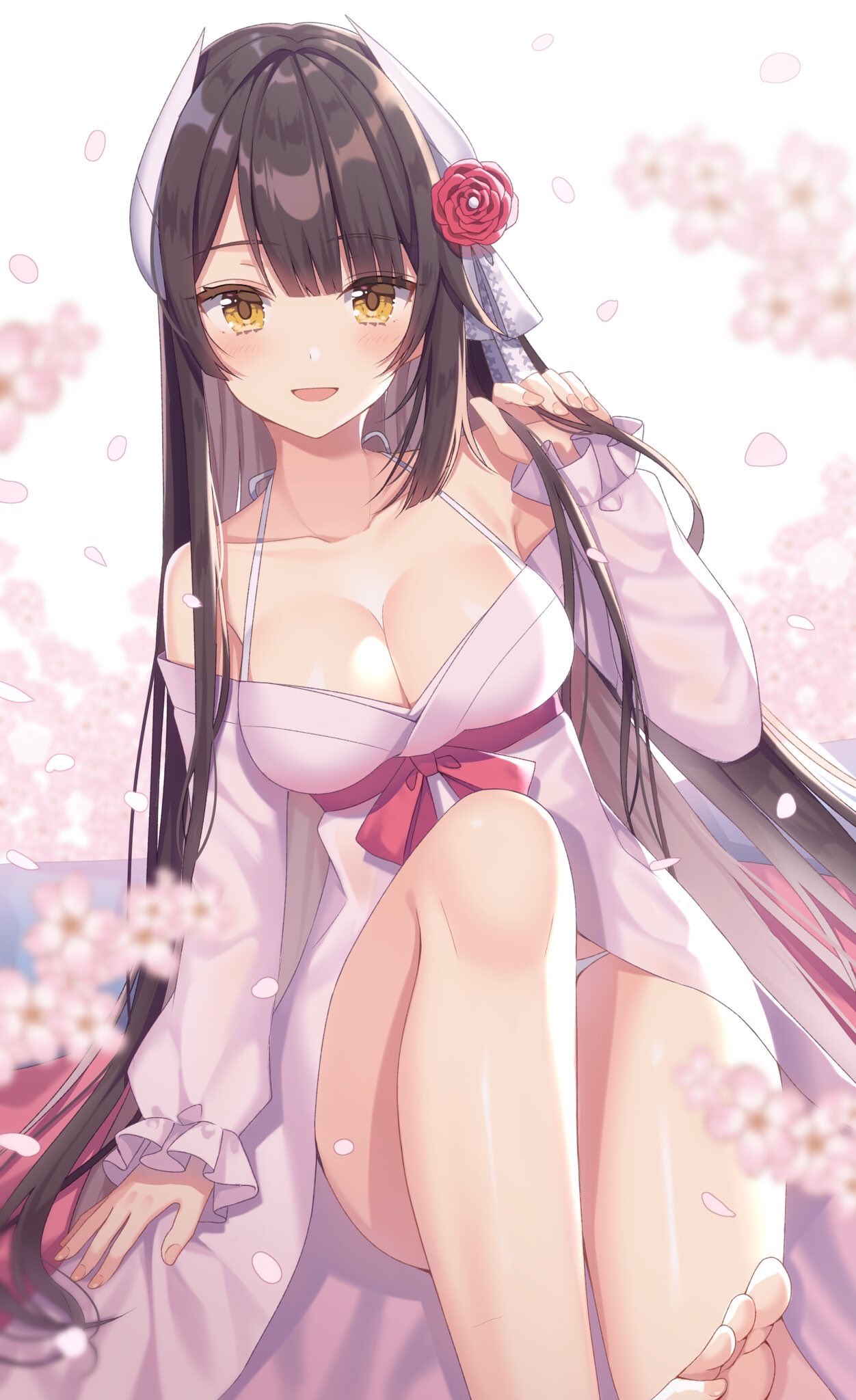 1girl alternate_costume arm_support azur_lane bangs bare_shoulders barefoot black_hair blush breasts cleavage collarbone eyebrows_visible_through_hair flower hair_flower hair_ornament hiei_(azur_lane) highres holding holding_hair horns izumo_neru knee_up large_breasts long_hair long_sleeves looking_at_viewer off_shoulder open_mouth sitting sleepwear smile solo thighs yellow_eyes