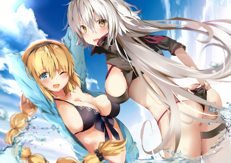 2girls ;d adjusting_clothes adjusting_swimsuit arms_up ass bangs black_jacket blonde_hair blue_eyes blue_jacket blue_sky blush braid breasts brown_eyes cleavage clouds commentary_request day dutch_angle eyebrows_visible_through_hair fate/grand_order fate_(series) hair_between_eyes head_tilt jacket jeanne_d'arc_(alter_swimsuit_berserker) jeanne_d'arc_(fate)_(all) jeanne_d'arc_(swimsuit_archer) large_breasts long_hair long_sleeves looking_at_viewer looking_back multiple_girls one_eye_closed open_clothes open_jacket open_mouth outdoors pon_(ponidrop) round_teeth short_sleeves silver_hair single_braid sky smile standing swimsuit teeth upper_teeth very_long_hair water