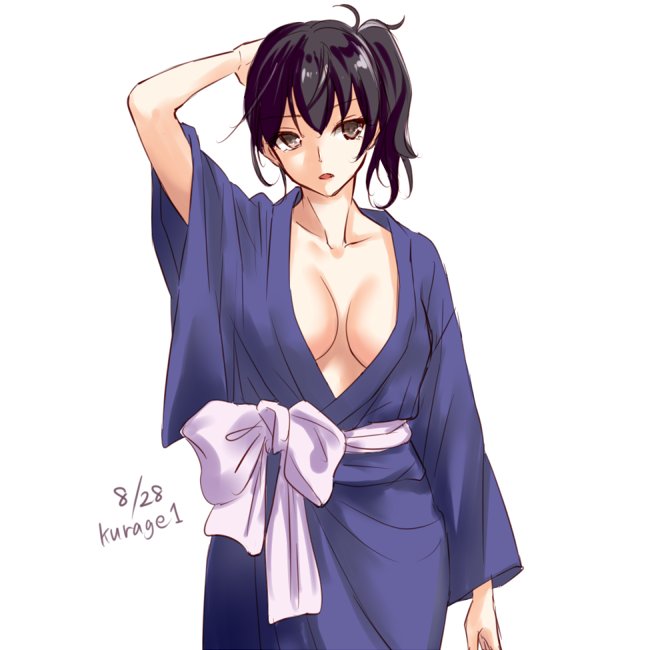 1girl belt black_hair blue_kimono blush breasts brown_eyes japanese_clothes kaga_(kantai_collection) kantai_collection kimono kurage1 large_breasts long_hair looking_at_viewer no_bra open_mouth side_ponytail simple_background solo twitter_username white_background