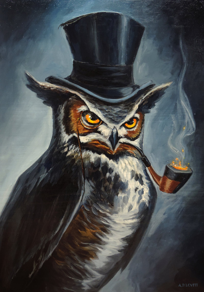 acrylic_paint_(medium) adlovett bird commentary deviantart_username english_commentary feet_out_of_frame hat looking_at_viewer monocle no_humans original owl pipe signature solo standing top_hat traditional_media yellow_eyes